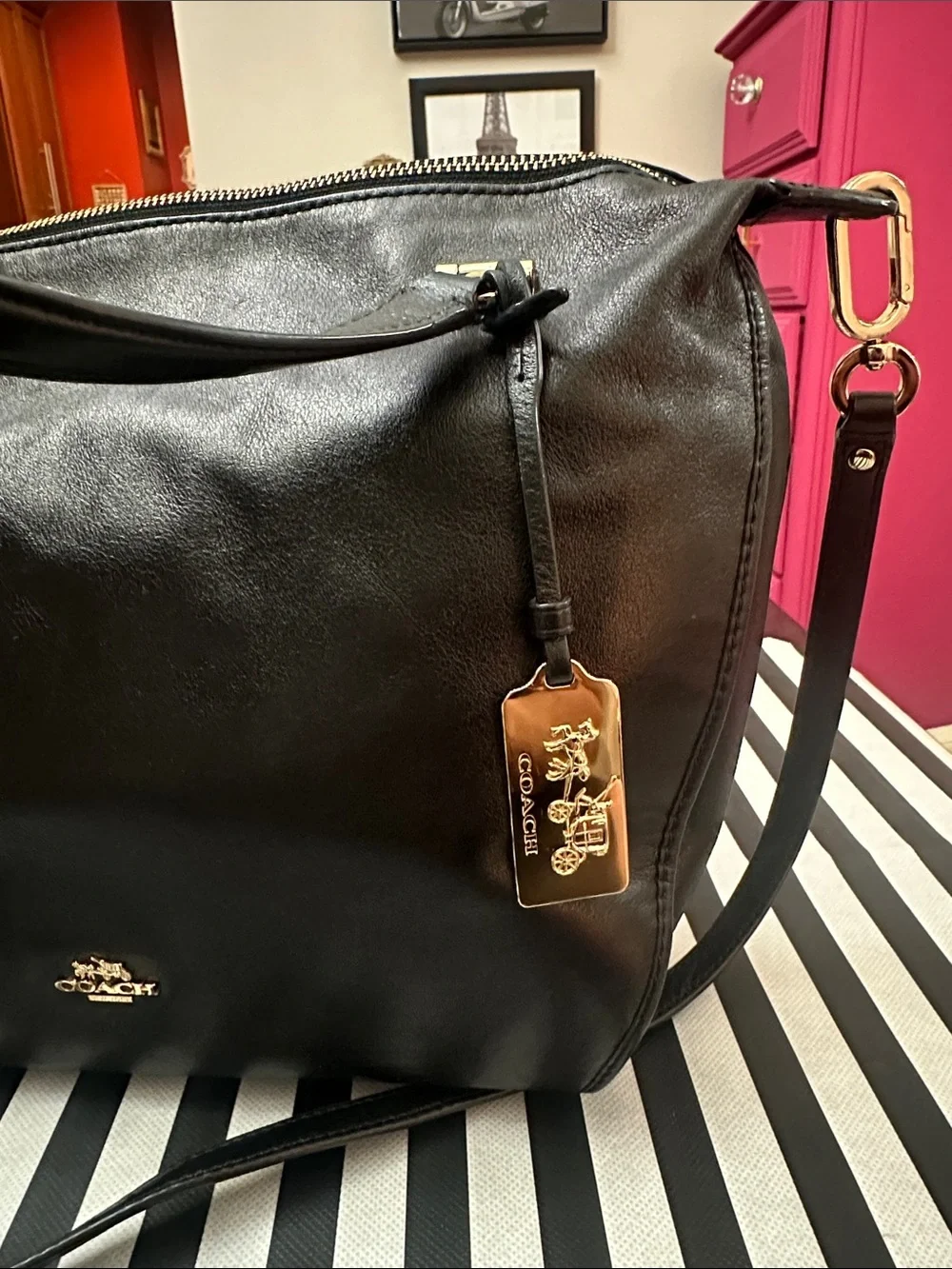 Chic Coach Black Leather Crossbody Satchel with Gold Hardware